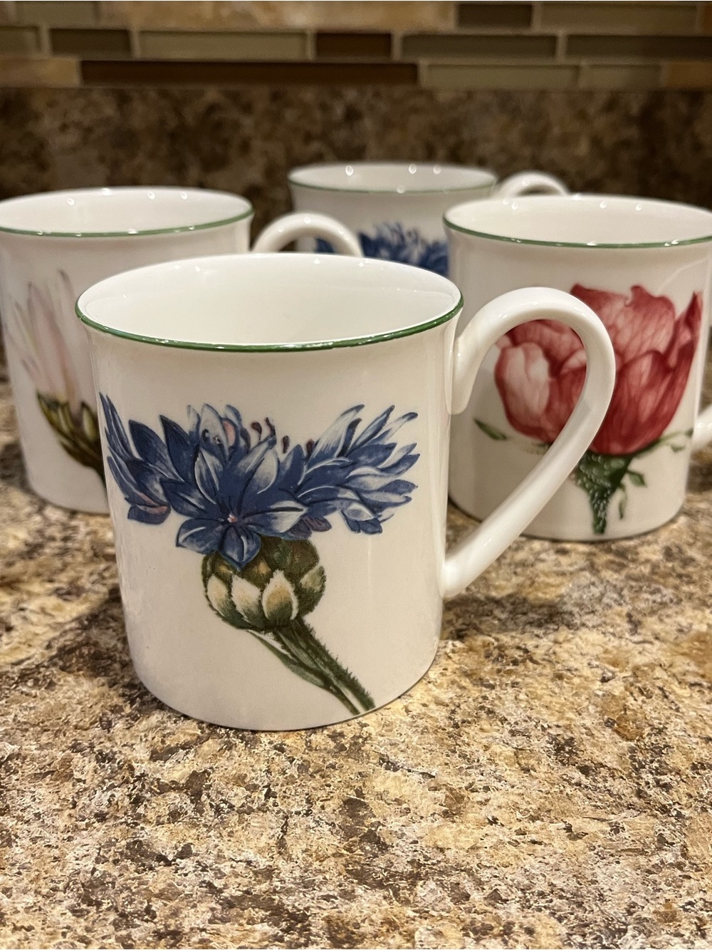 Villeroy & Boch Floral Porcelain Mugs Set of 4 White with Blue & Pink Flowers